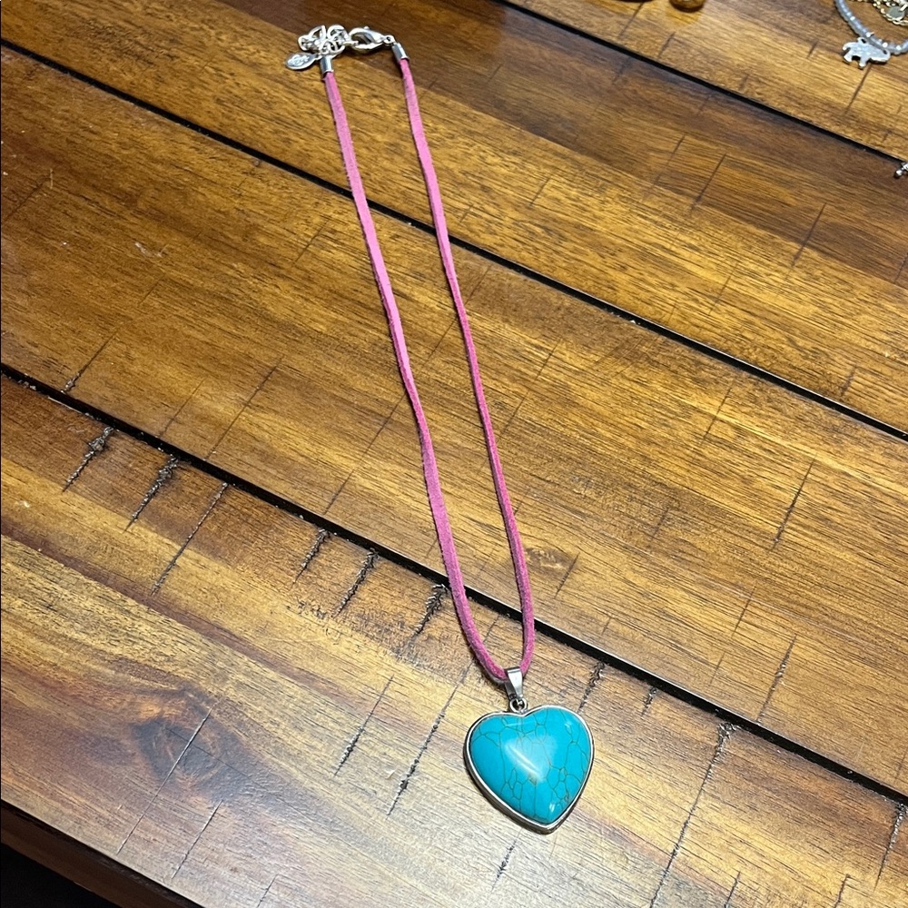 Turquoise Heart Pendant Necklace with Pink Cord
